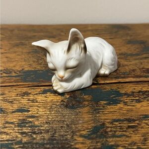 White Ceramic Sleeping Cat Figurine - Decorative Pet Statue